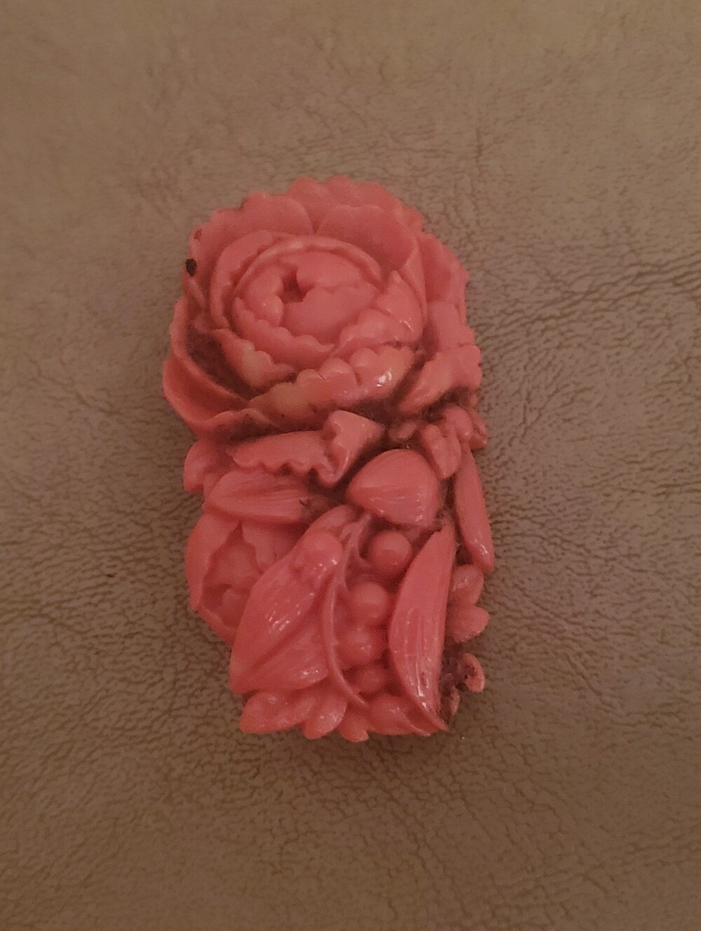 Carved Floral Resin Brooch in Coral Pink